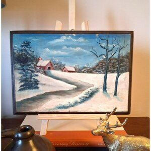 Vintage Winter Landscape Oil Painting On Wood Rustic Mid-Century 12.75" x 8.5"
